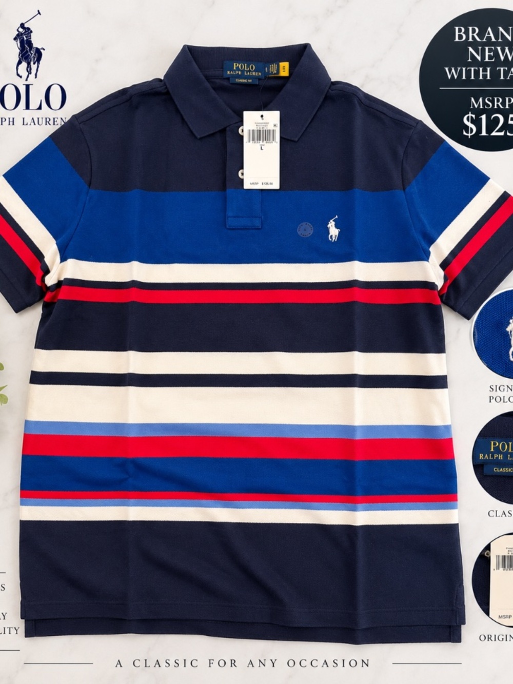 NWT Polo Ralph Lauren Classic Fit Striped Polo Men’s L $125